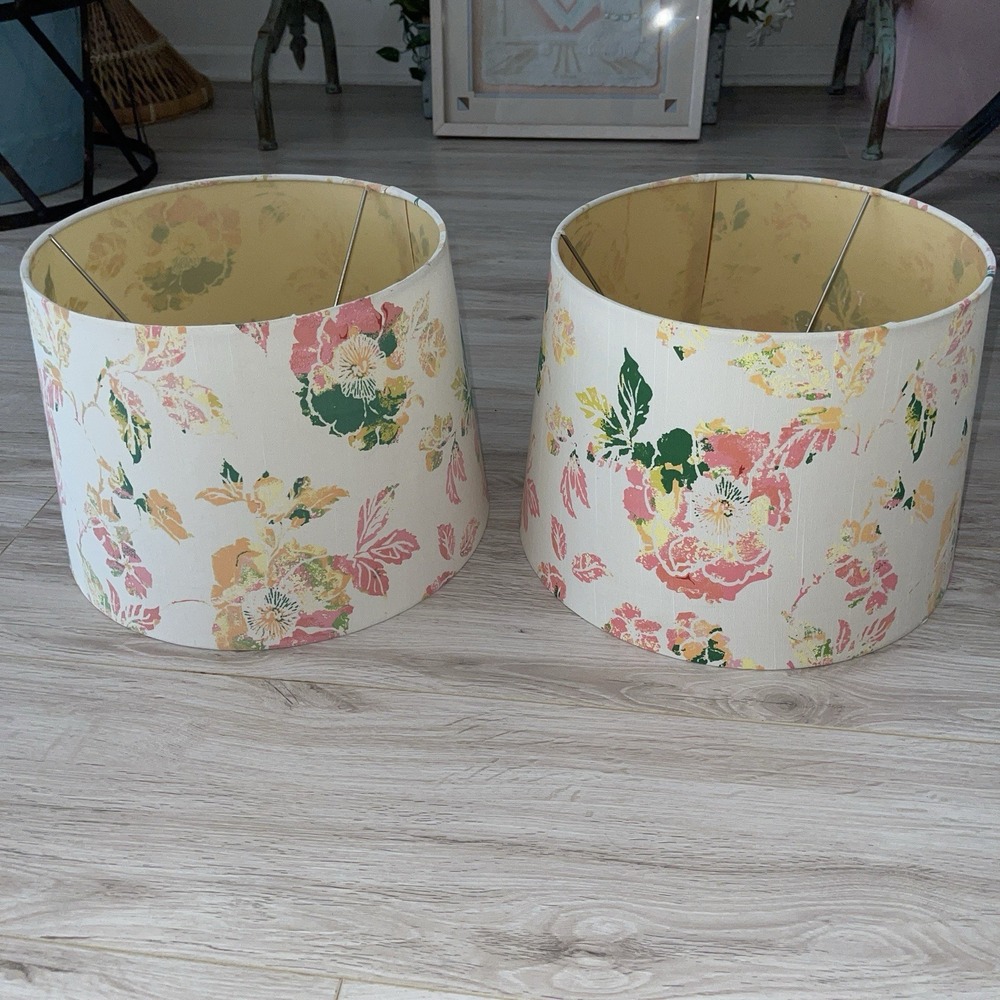 Pair Vtg Floral Lamp Shades Watercolor Flower Drum Shades Shabby Chic Cottage 9H
